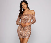 Halston Sequin Mesh Off The Shoulder Mini Dress