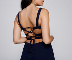 Vanya High Slit Lace Up Crepe Dress