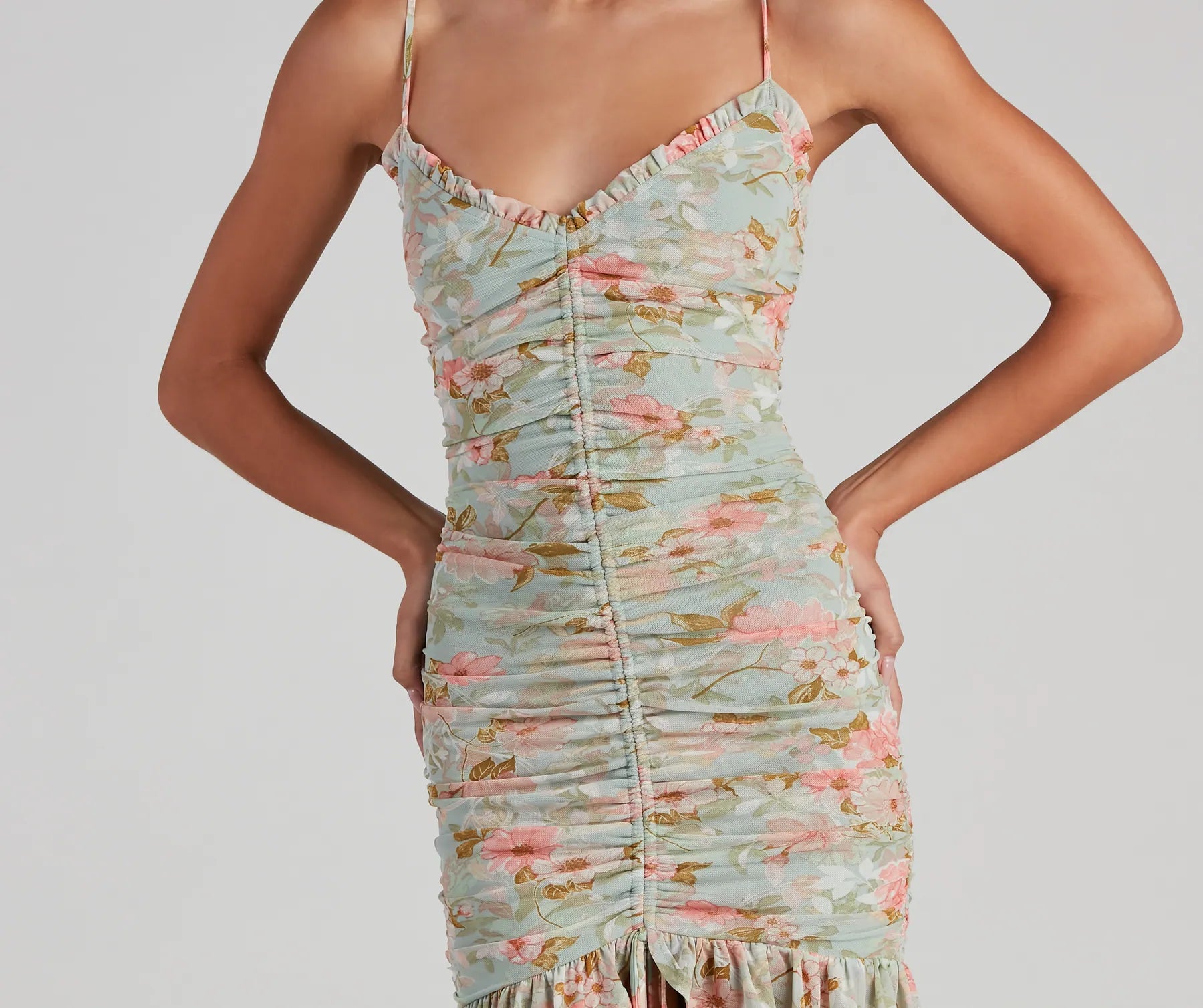 Spotted In Floral Mesh Ruffle Hem Dress